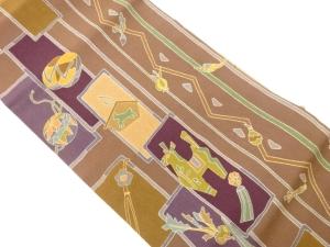 縮緬地金彩野菜・馬・鶴・毬模様名古屋帯